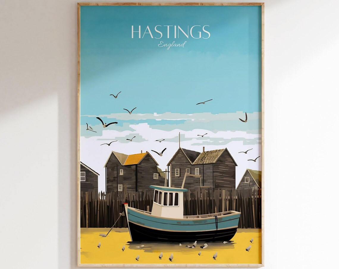 Hastings England Vintage Travel Poster Fishing Boat Beach Scene