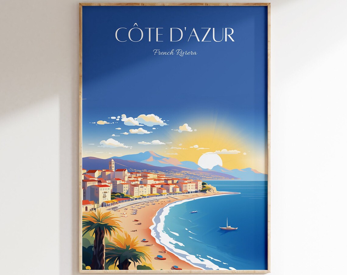 Cote dAzur French Riviera Beach Town Sunset Palms Vintage Travel Poster