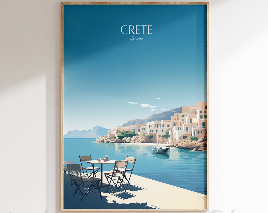Crete Greece Vintage Travel Poster Seaside Cafe Harbor Scene