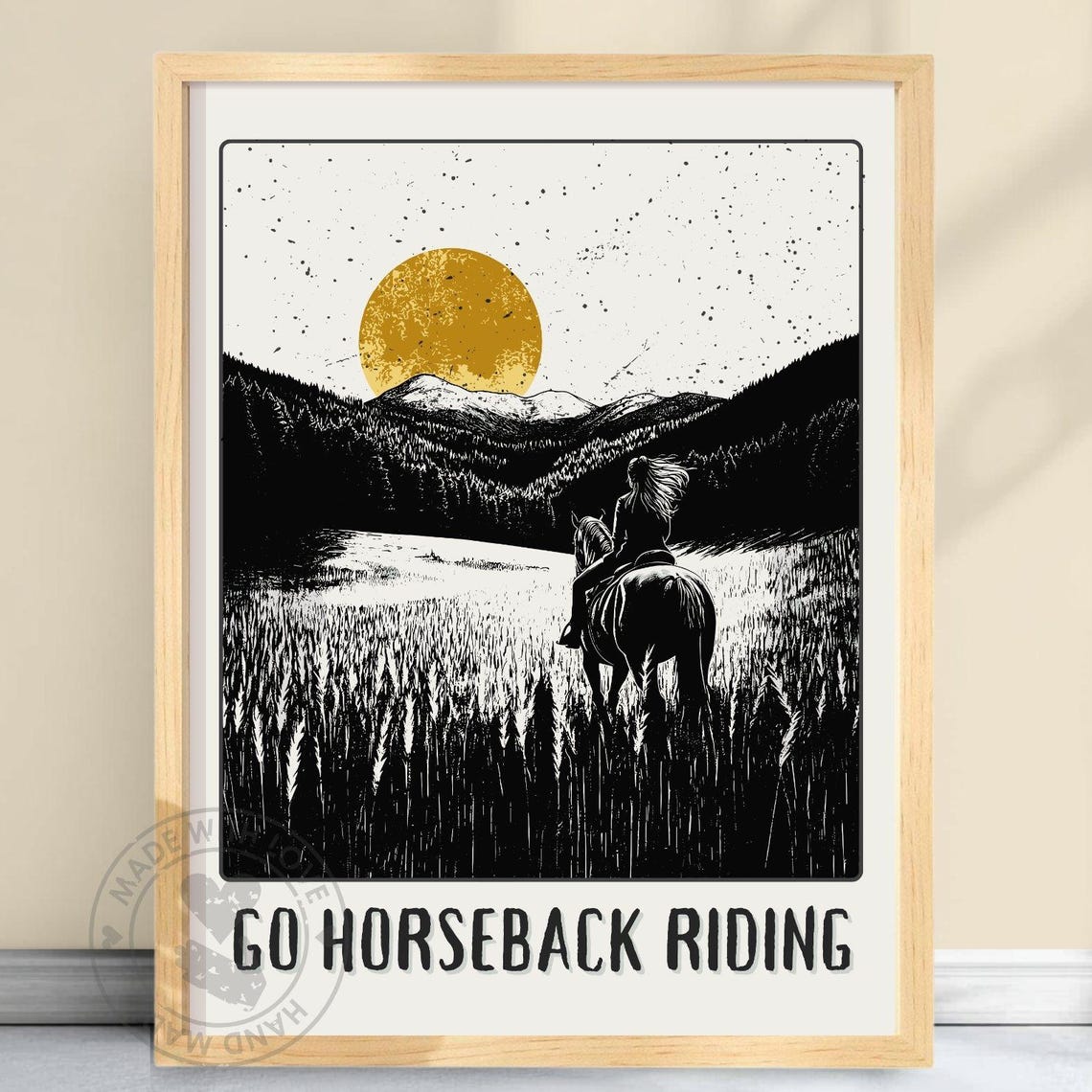 Golden Sunset Horseback Riding Adventure Through Mountains Poster