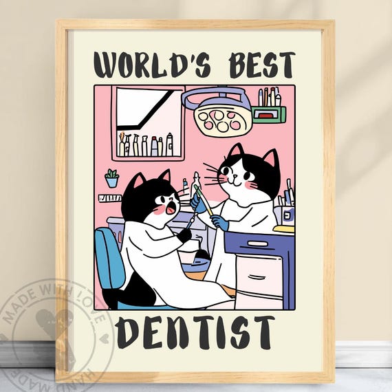 Funny Cat Dentist Art Print Whimsical Gift For
