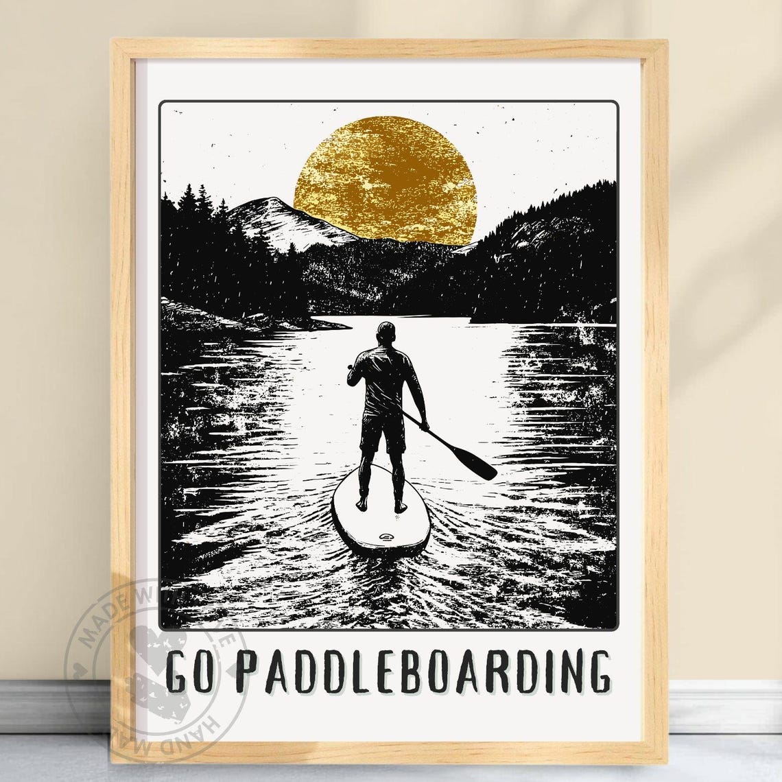 Go Paddleboarding Lake Sunset Black White Gold Adventure Poster