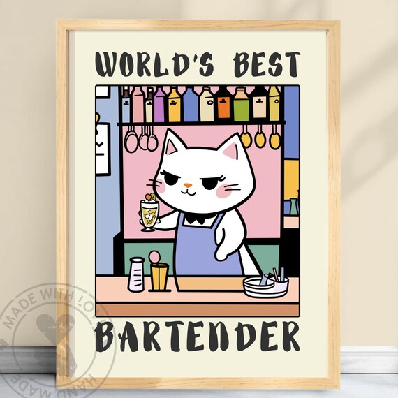World's Best Bartender Funny White Cat Cocktail Cartoon Poster