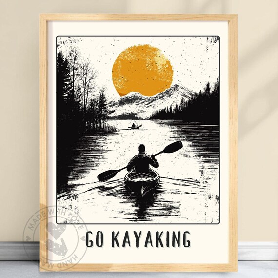 Go Kayaking Black White Gold Sunset Kayaker Mountain Lake Poster
