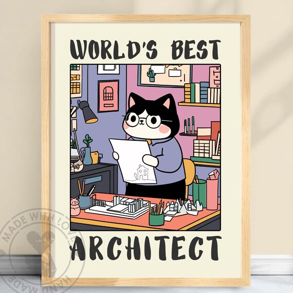 World's Best Architect Funny Black Cat Blueprint Cartoon Poster