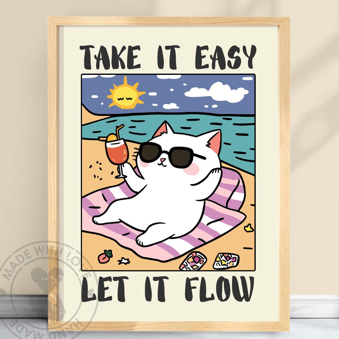 Take It Easy Let It Flow Funny Cat On Beach Quote Art Poster