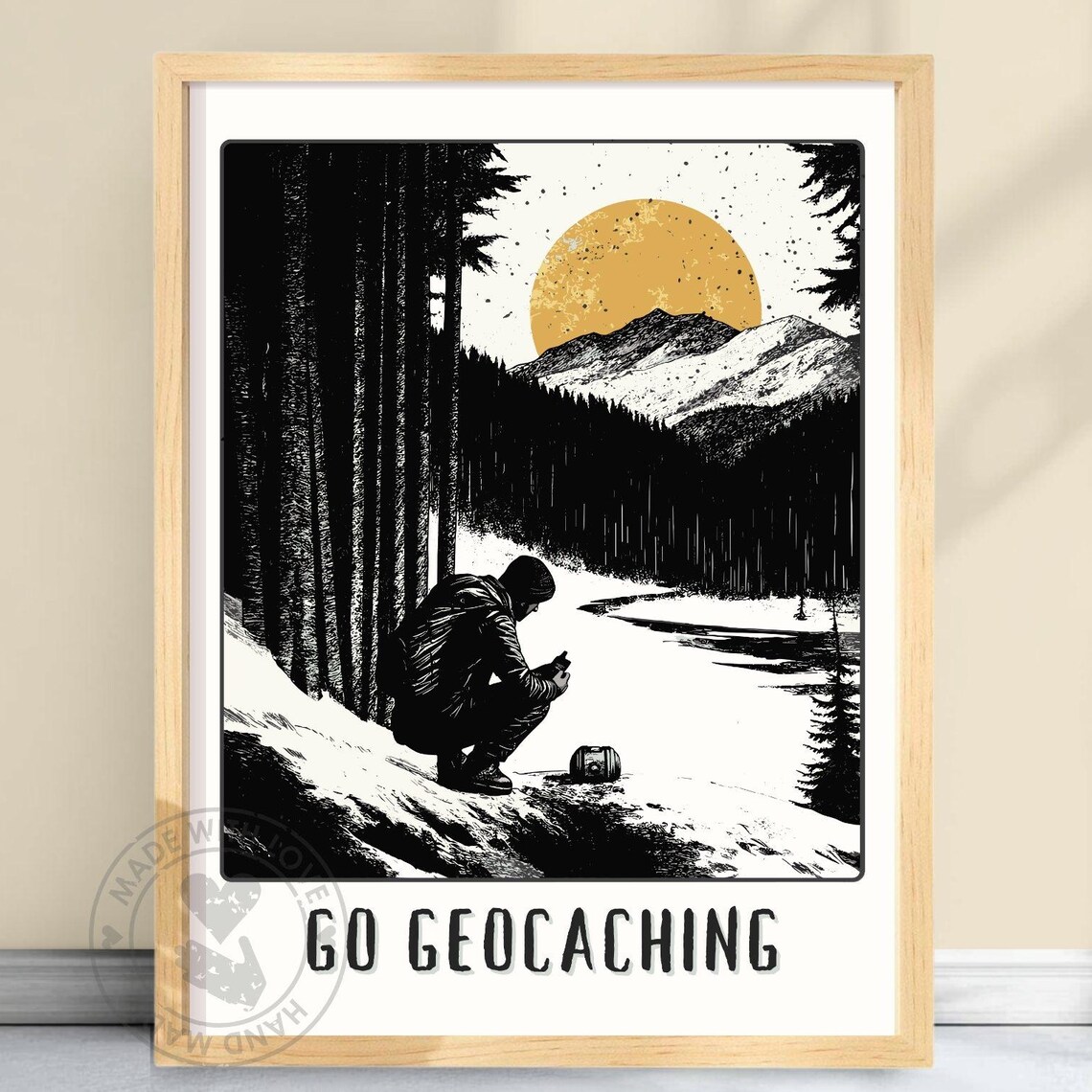 Geocaching Poster, Black White Gold Treasure Hunt