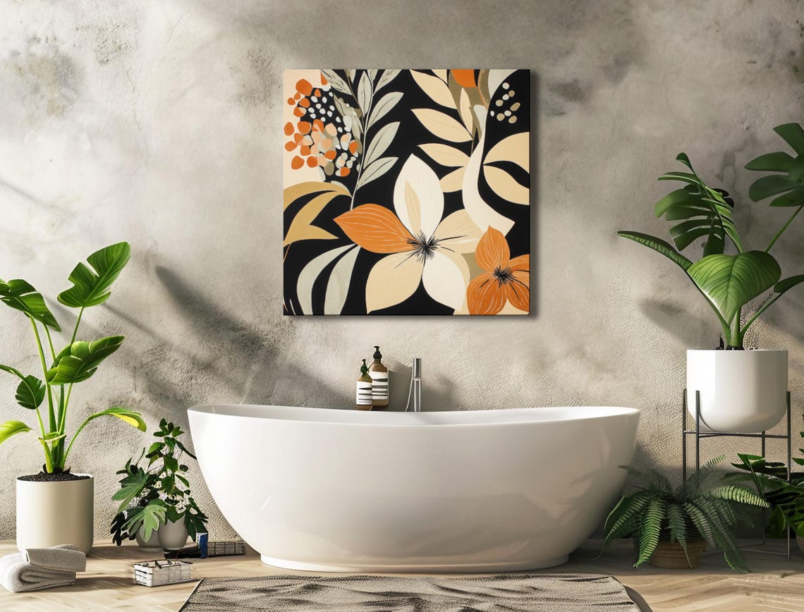 Modern Botanical Black Background Orange Cream Floral Abstract Poster - Image 3