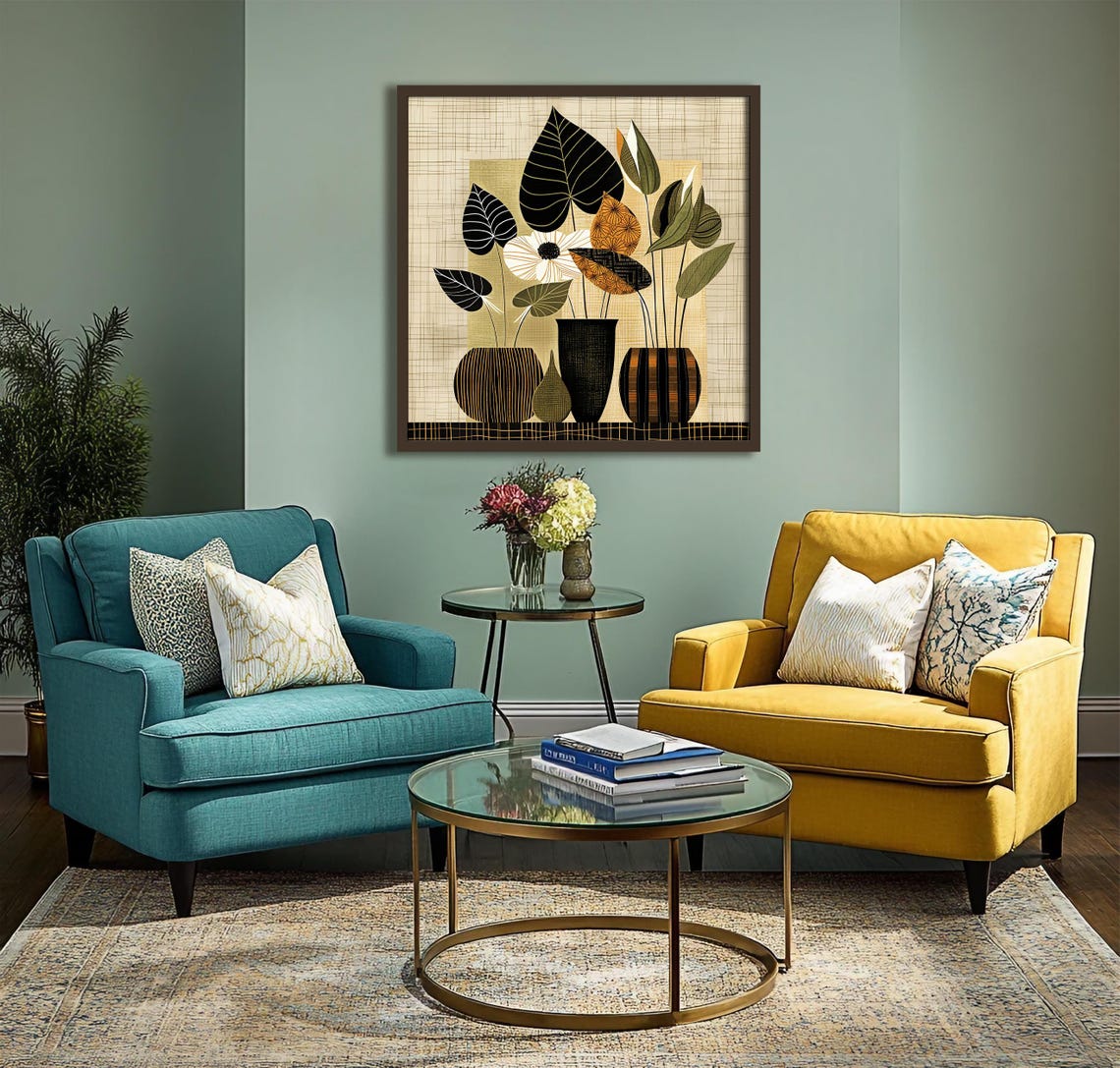 Mid Century Modern Botanical Black Vases Stylized Leaves Art Poster - Image 2