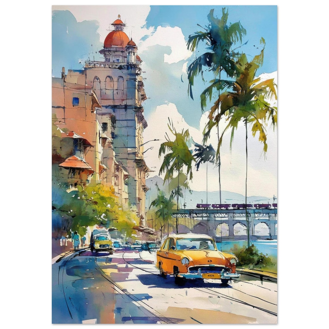 Mumbai Street Watercolor Yellow Taxi Colonial Architecture Poster