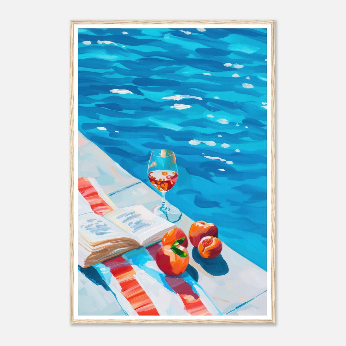 Poolside Book Wine and Peaches Relaxing Summer Still Life Print
