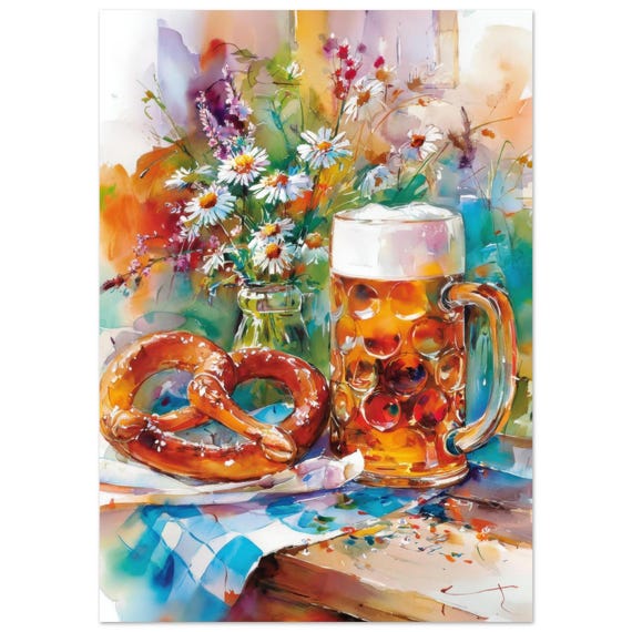 Bavarian Beer Pretzel Watercolor Painting Print Oktoberfest Still Life Wall Art Rustic German Kitchen Illustration By Nataliaayuart