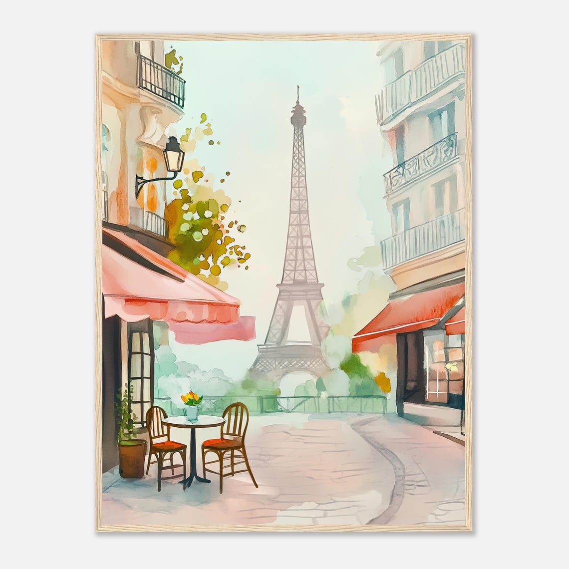 Charming Paris Street Watercolor Eiffel Tower Cafe Art Poster