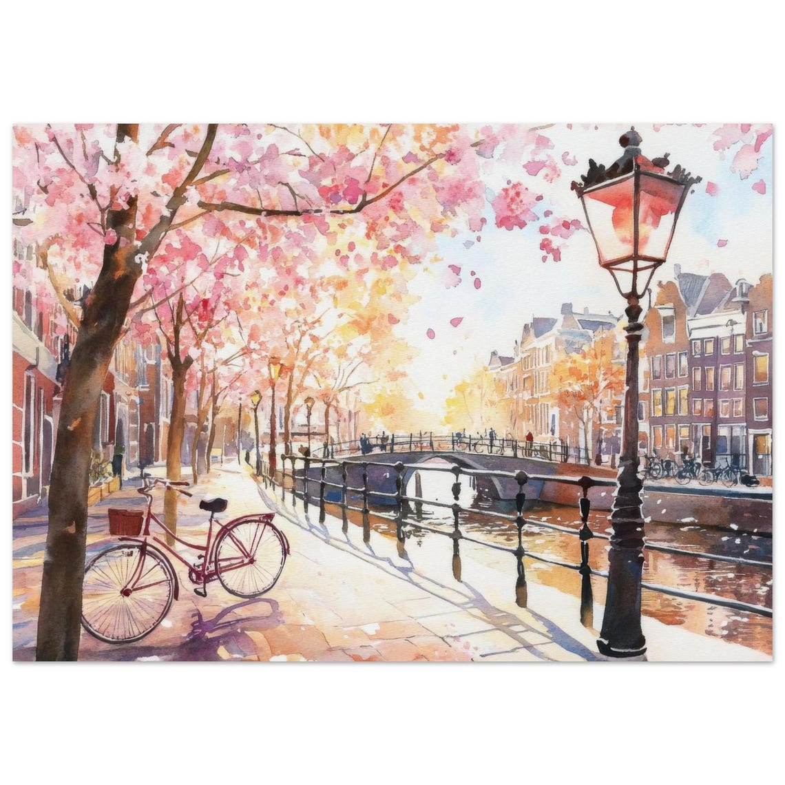 Amsterdam Canal Cherry Blossom Bicycle Spring Watercolor Print