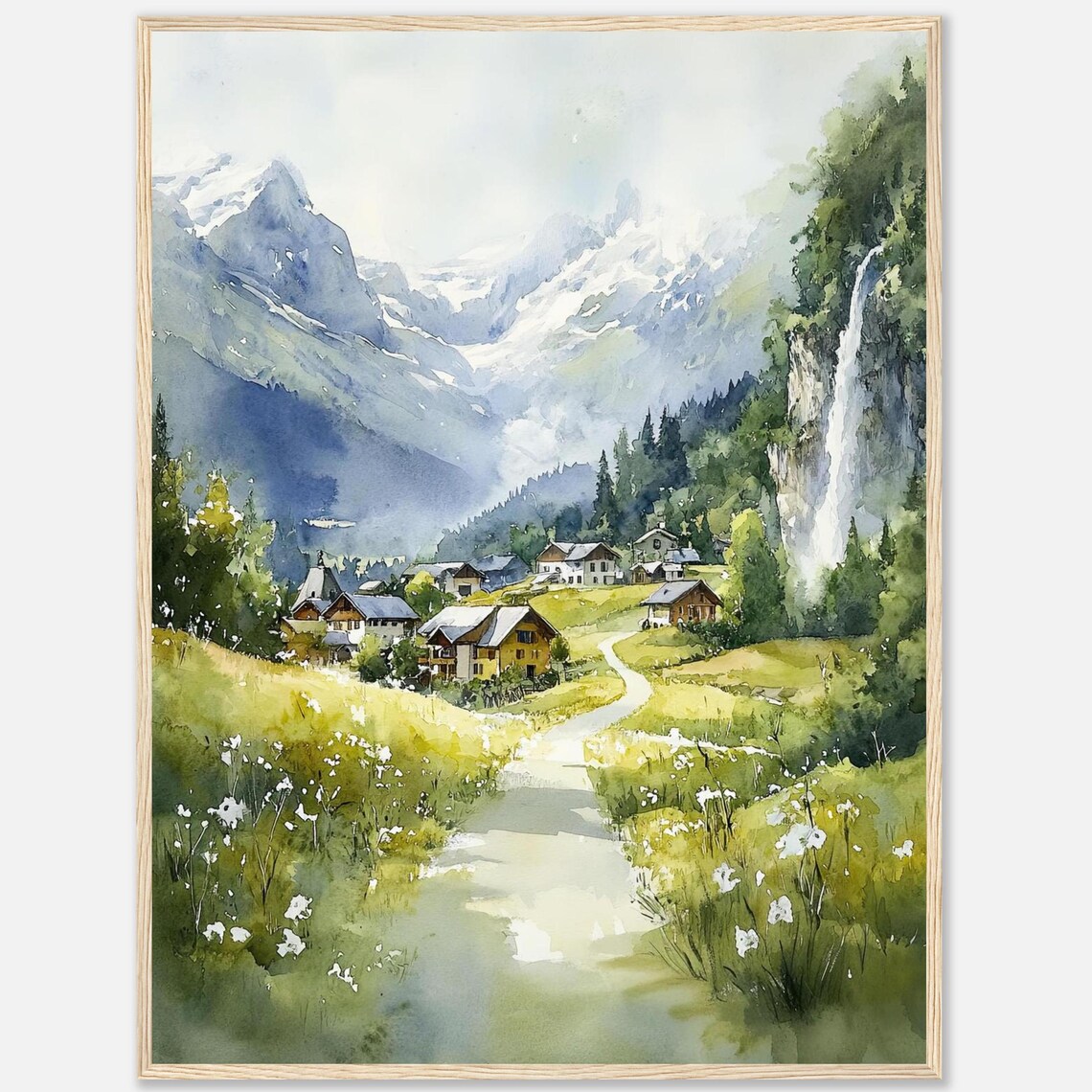 Grindelwald Watercolor Travel Poster, Swiss Village