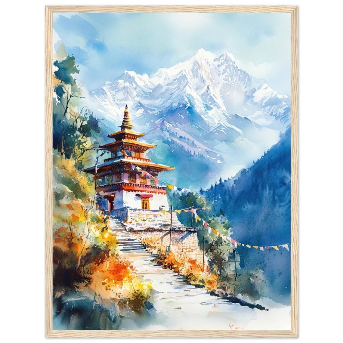 Himalayan Buddhist Temple Watercolor Spiritual Mountain Poster