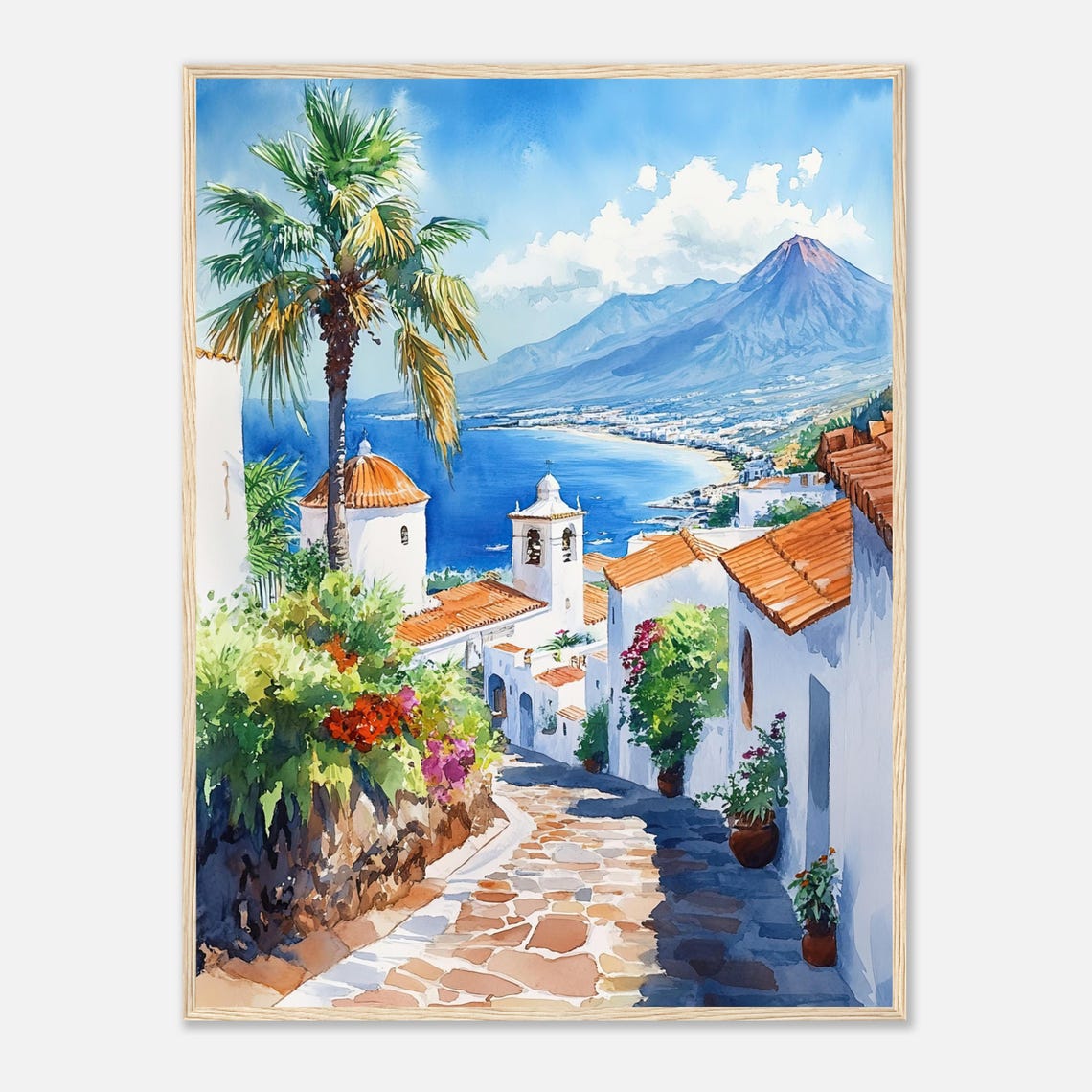 Tenerife Spain Palm Trees Volcano Coastal Village Watercolor Poster