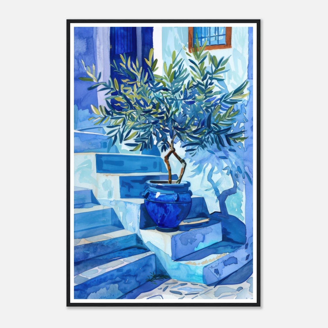 Olive Tree in Cobalt Blue Pot on Painted Blue Stairs Watercolor Print