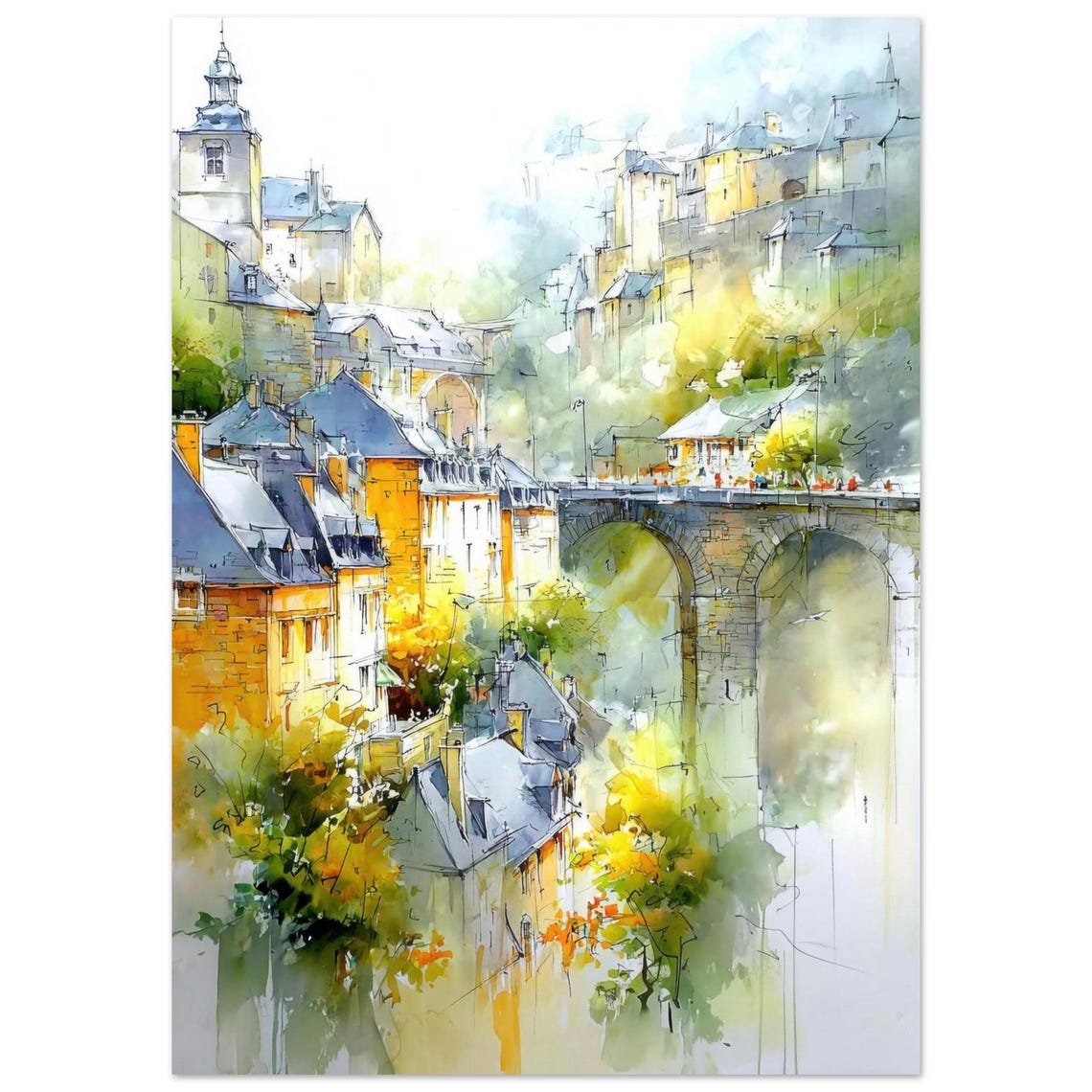 Luxembourg City Old Town Stone Bridge Watercolor Europe Poster
