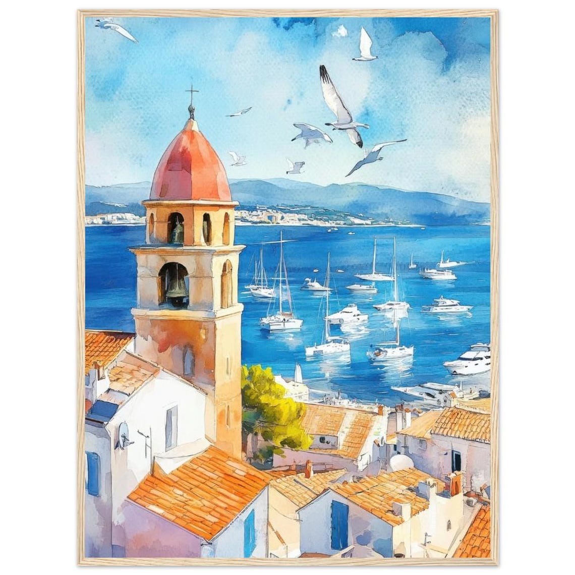Saint Tropez Bell Tower Harbor Watercolor Seagulls Art Photo Poster