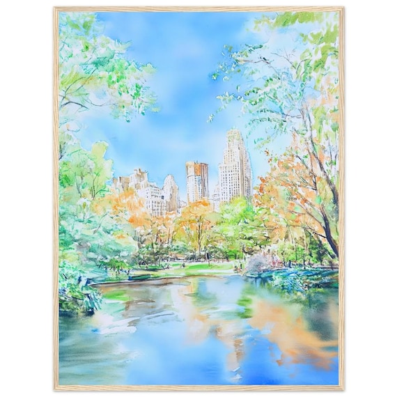 Central Park Watercolor Painting Poster NYC Autumn Pond Scene