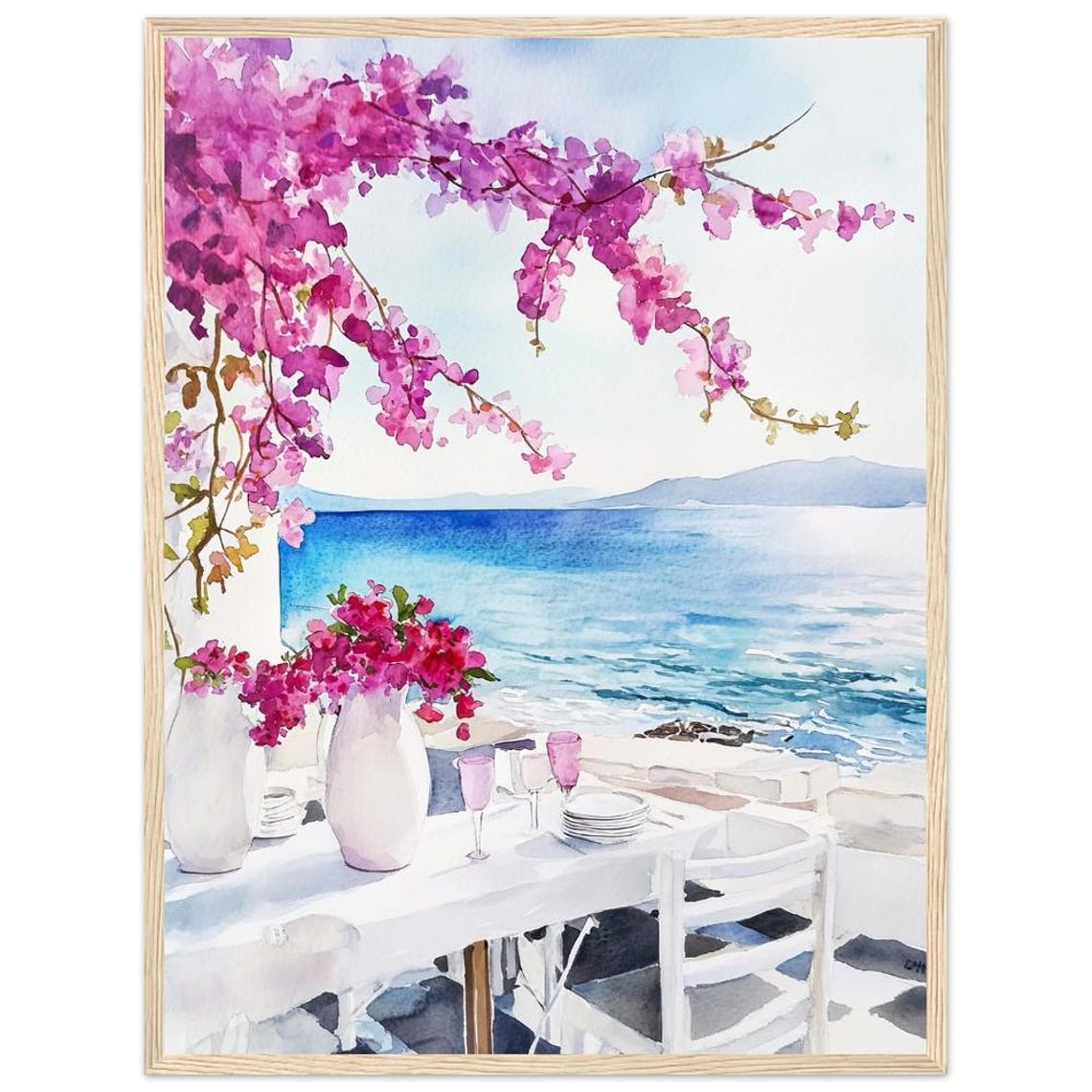 Greek Island Seaside Terrace With Bougainvillea Watercolor Poster