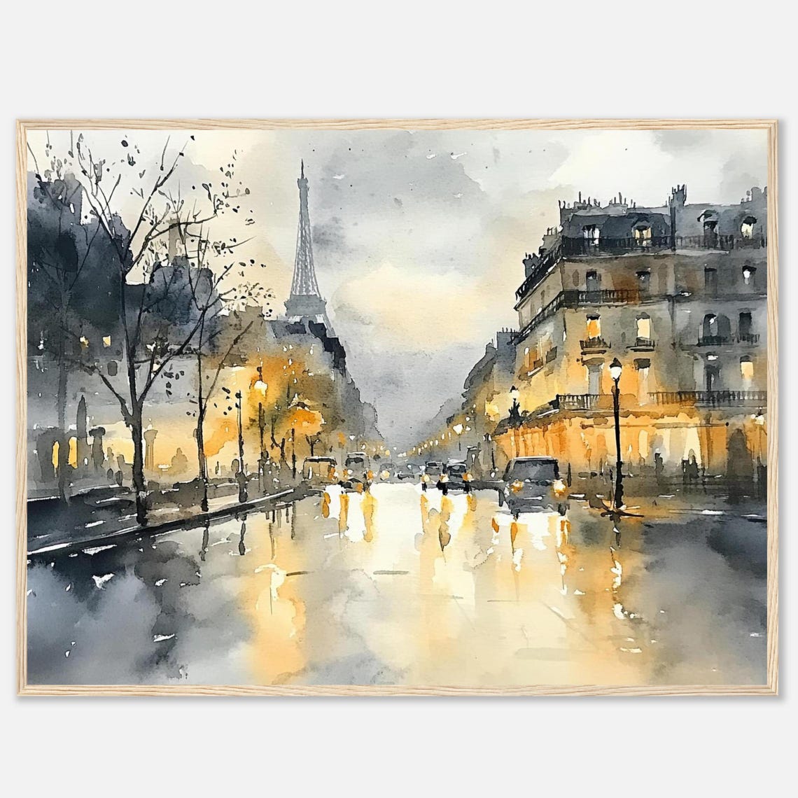 Rainy Paris Night Watercolor Eiffel Tower Street Lights Poster