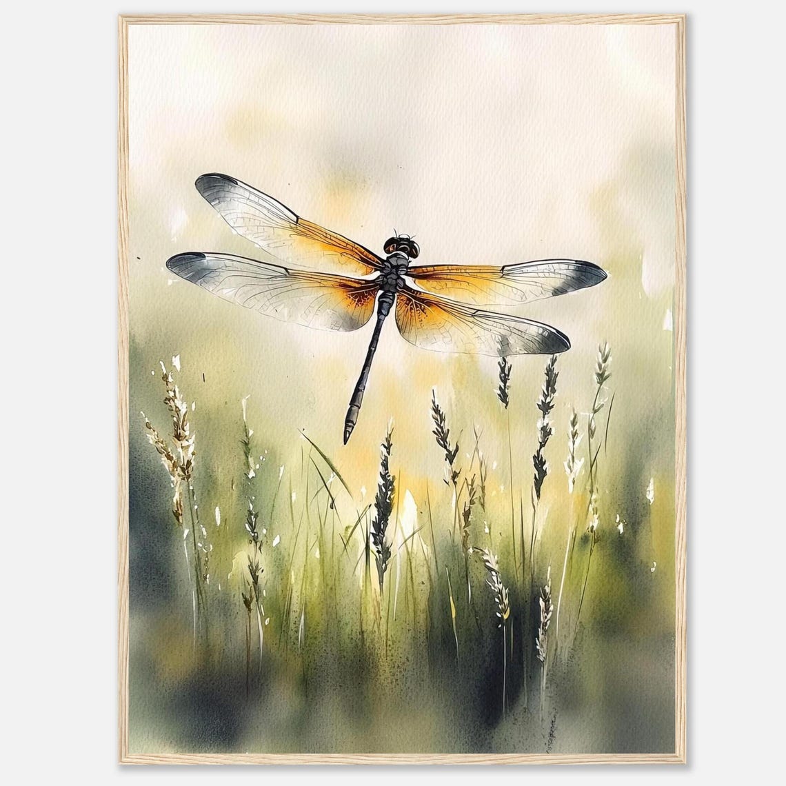 Dragonfly Over Sunlit Meadow Grass Watercolor Wildlife Art Poster