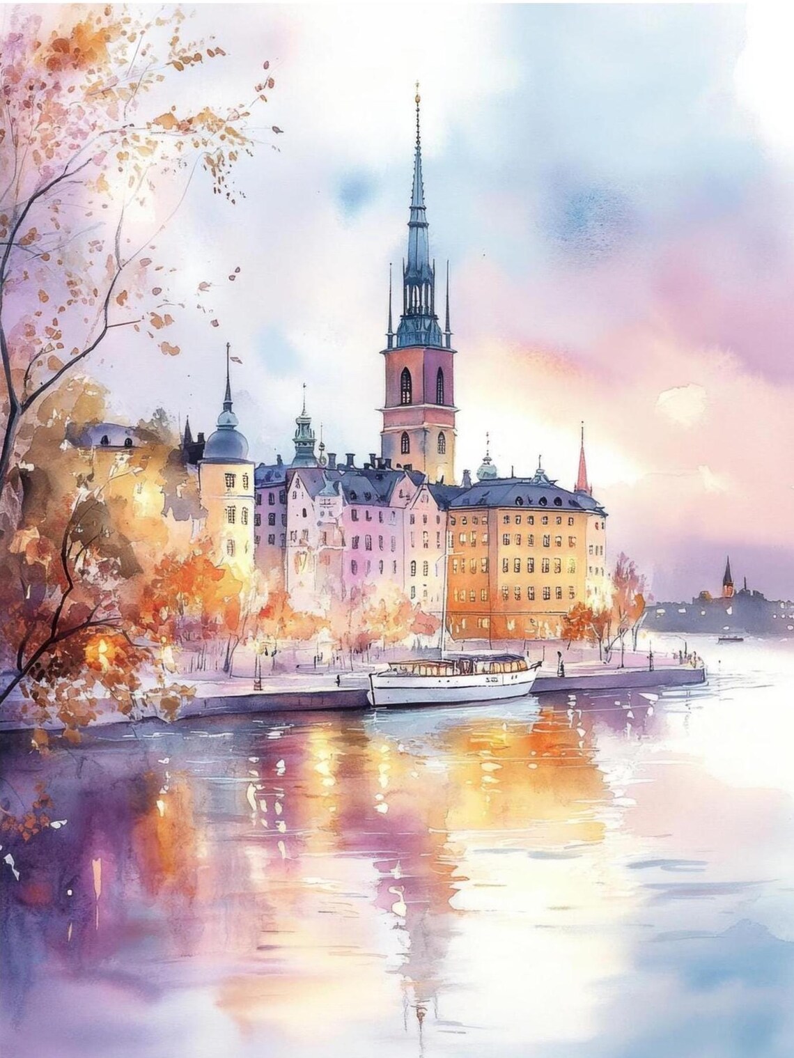 Stockholm Riddarholmen Church Sunset Watercolor Artwork Poster