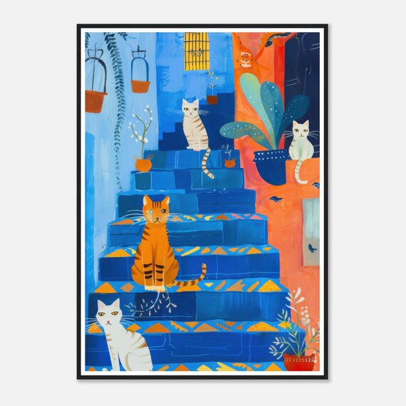 Cats on Blue Stairs Moroccan Alley Four Cats Illustration Poster