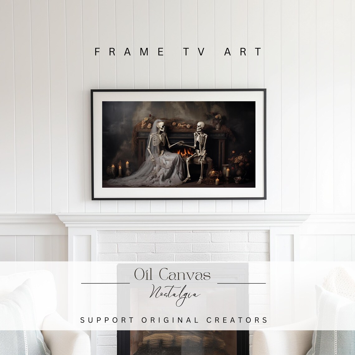 Skeleton Bride Groom Fireplace Roses Dark Romantic Halloween Art Poster - Image 2