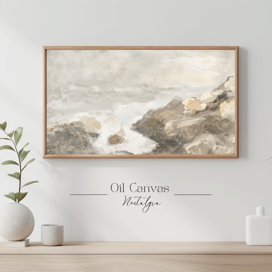 Neutral Abstract Rocky Coast Beige Waves Vintage Coastal Wall Art - Image 3