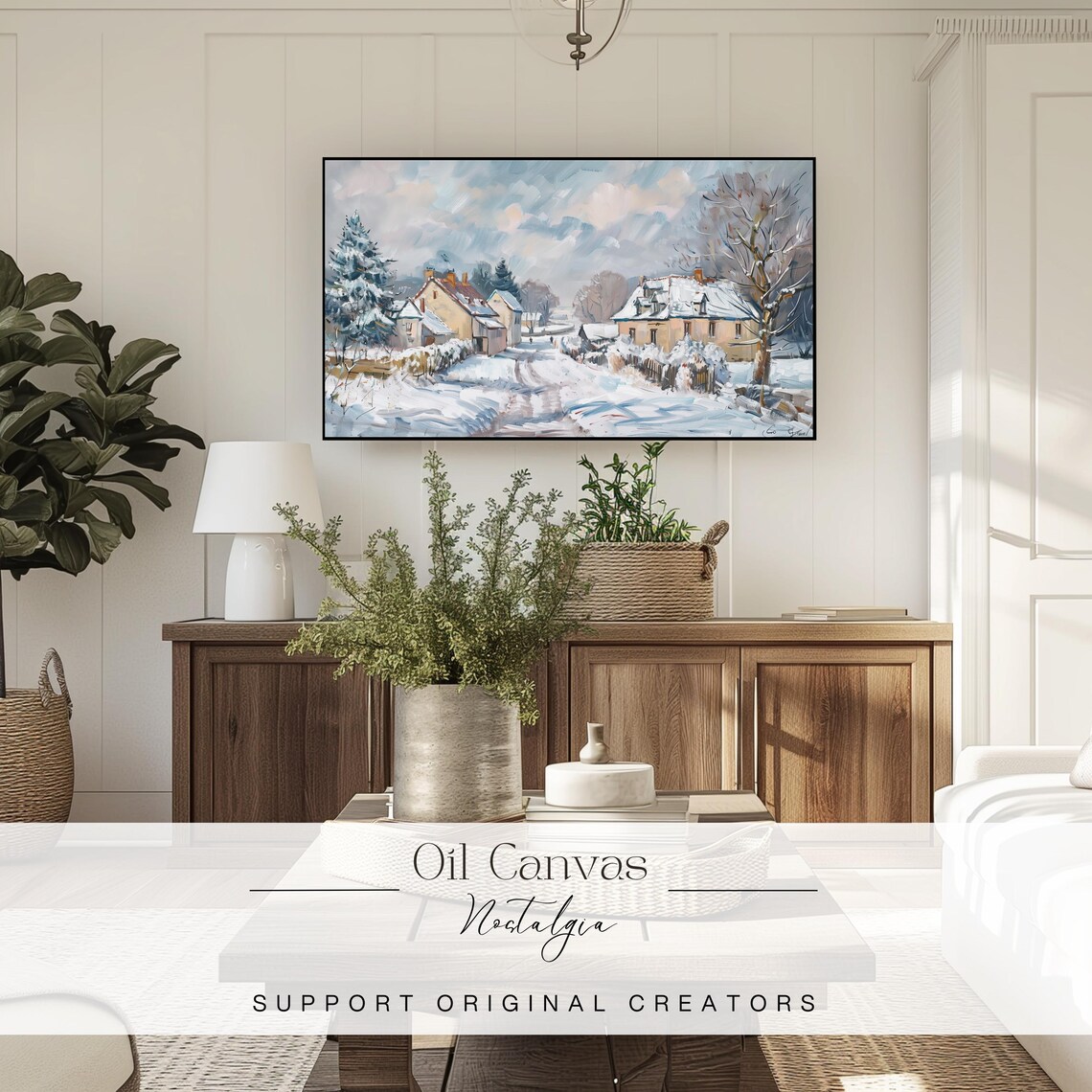 Snowy Village Cottages Winter Street Vintage Christmas Town Oil Poster - Image 3