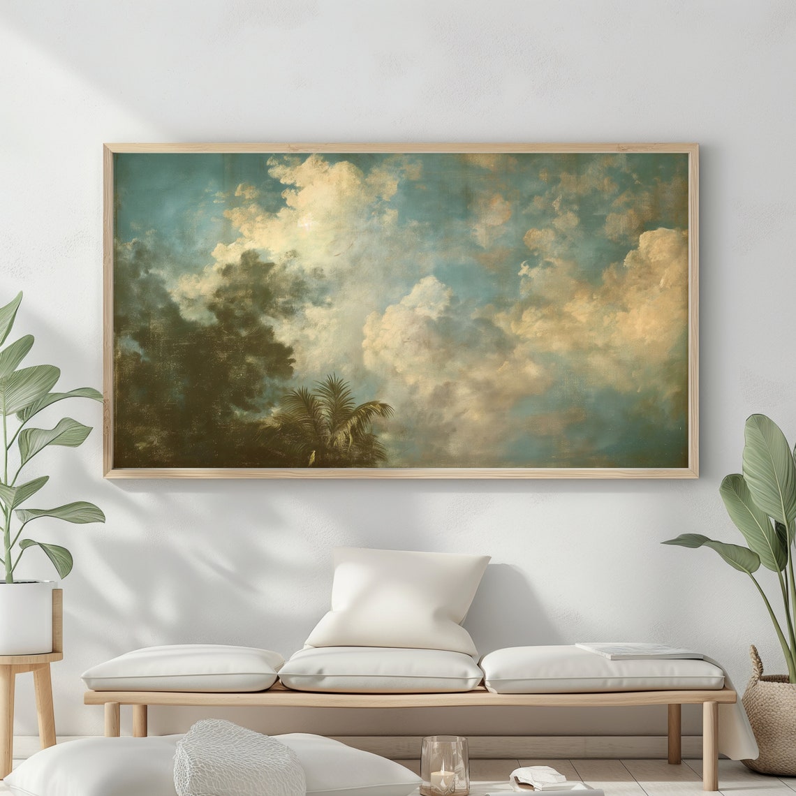 Moody Teal Gold Cloudscape Palm Fronds Dark Romantic Sky Oil Poster - Image 2