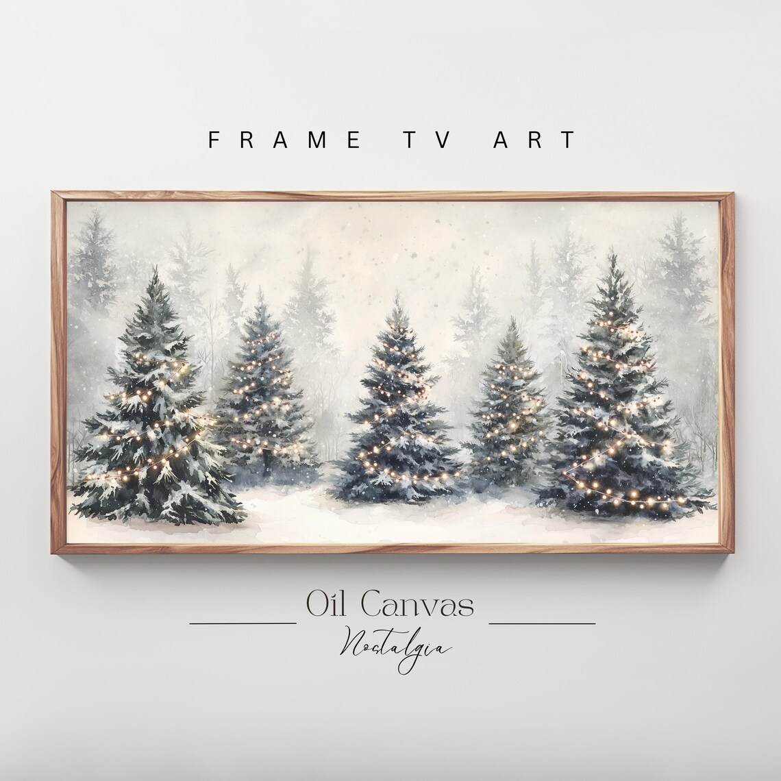 Snowy Christmas Pine Forest Golden Lights Festive Oil Painting Poster