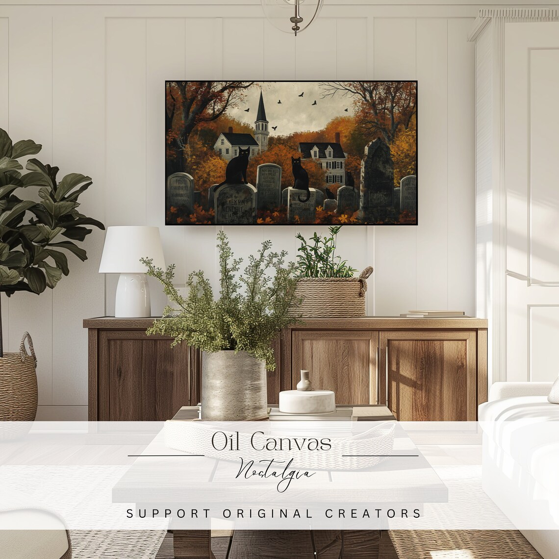 Black Cats Tombstones Autumn Graveyard Church Spire Fall Halloween Poster - Image 3