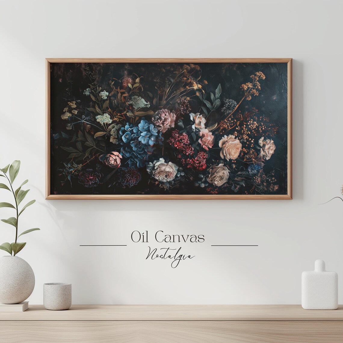 Wide Dark Moody Blue Hydrangea Roses Floral Still Life Antique Wall Art Print - Image 3