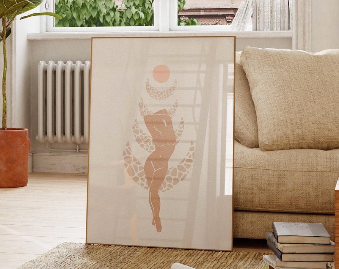 Moon Phase Goddess Terracotta Female Figure Boho Art Chic Poster