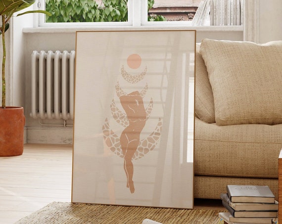 Boho Pink Moon Phase Wall Art Printpink Decor Feminine Woman Figure Celestial Print Bedroom Living Room