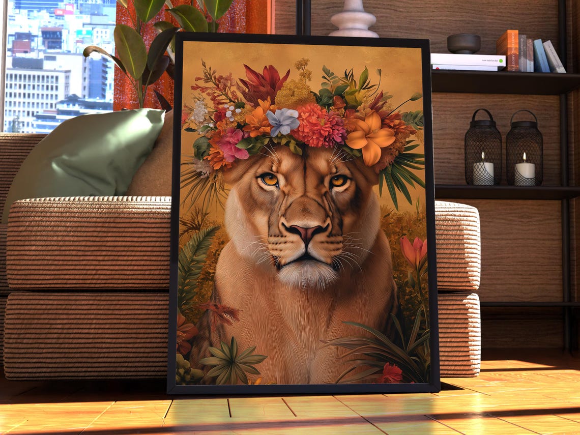 Majestic Lioness Wearing a Floral Crown Golden Portrait Poster