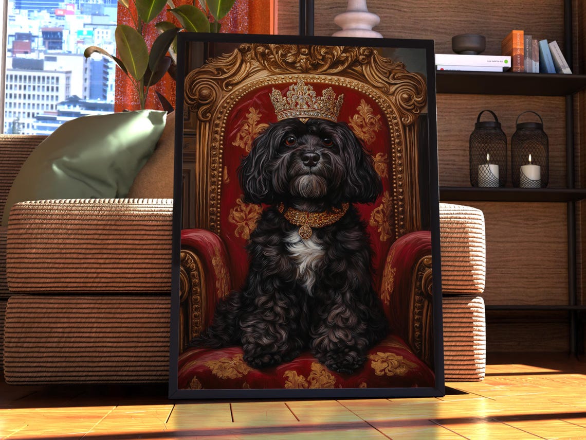 Black Havanese Royal Portrait Crowned Dog Throne Baroque Poster