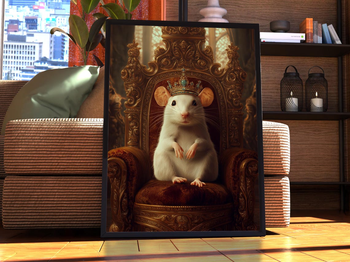 Crowned White Rat Sitting on a Royal Throne Funny Animal Poster