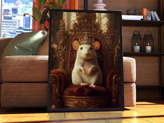 Crowned White Rat Sitting on a Royal Throne Funny Animal Poster
