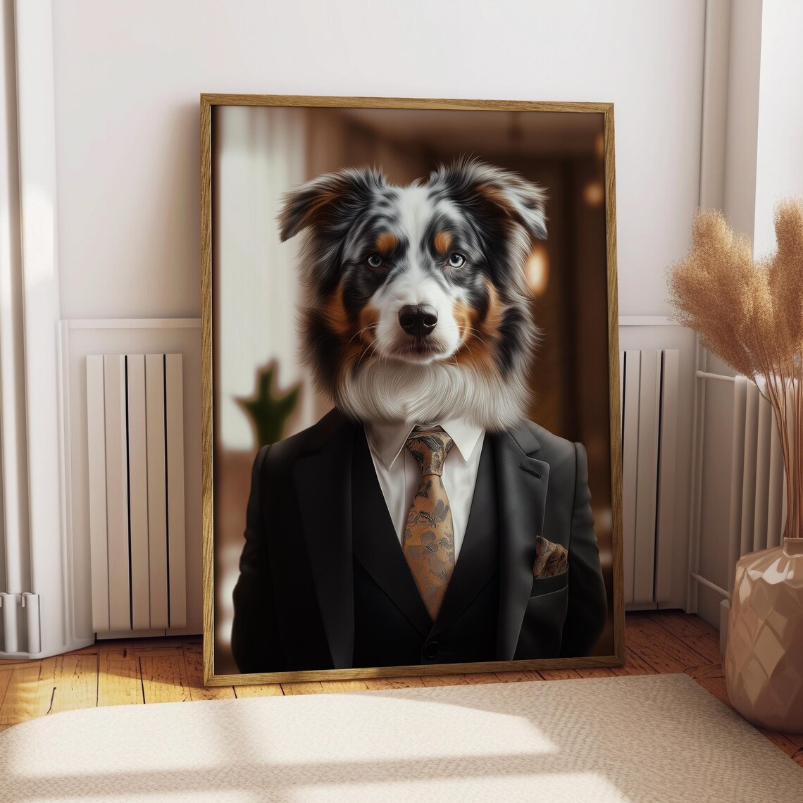 Australian Shepherd Dog in Suit Portrait Funny Formal Pet Poster