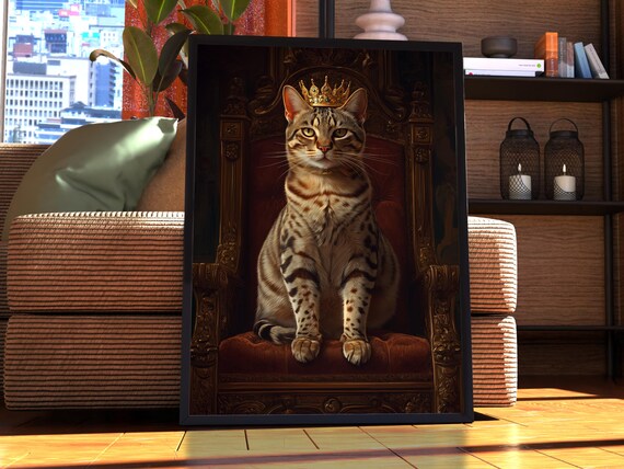 Striped Bengal Cat with a Gold Crown on a Velvet Throne Wall Art