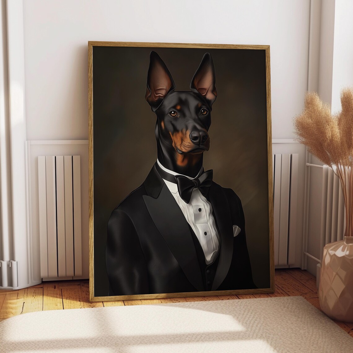 Doberman Pinscher in Black Tuxedo Regal Pet Portrait Funny Dog Poster