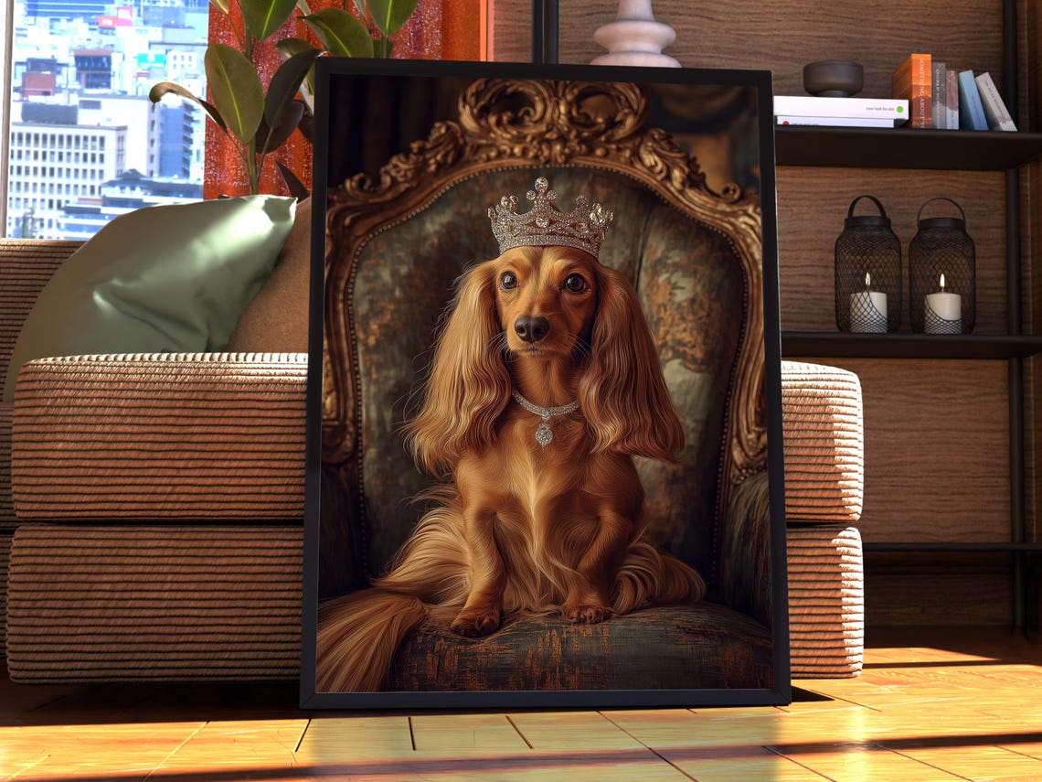 Royal Long-Haired Dachshund Tiara Diamond Necklace Throne Poster