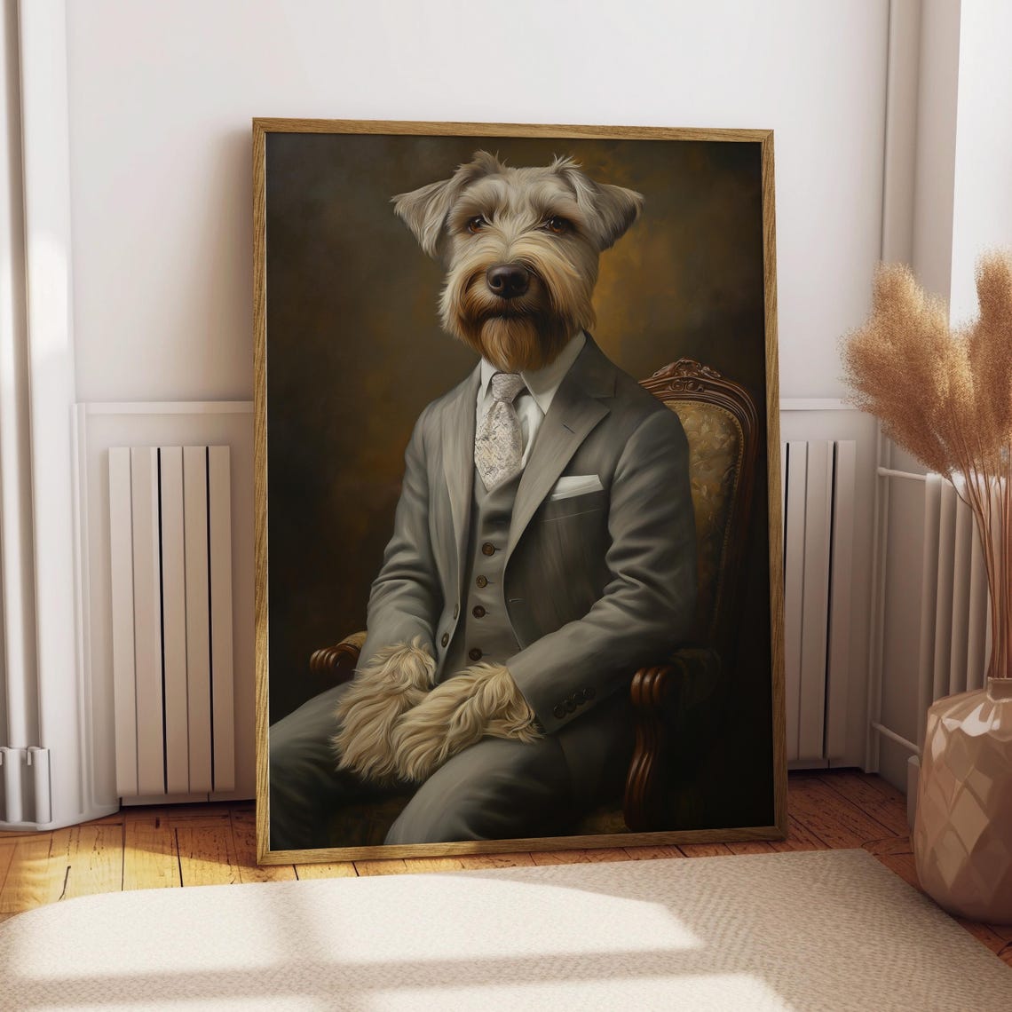 Salt and Pepper Schnauzer in Grey Suit Oil Portrait Funny Dog Poster