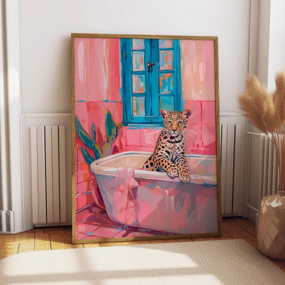 Cheetah In The Bath Bathroom Poster Funny Print Art Animal Jungle