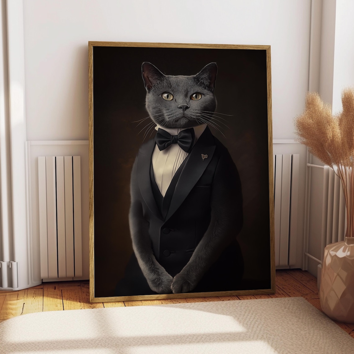 Russian Blue Cat Suit Portrait Poster, Funny Pet Art
